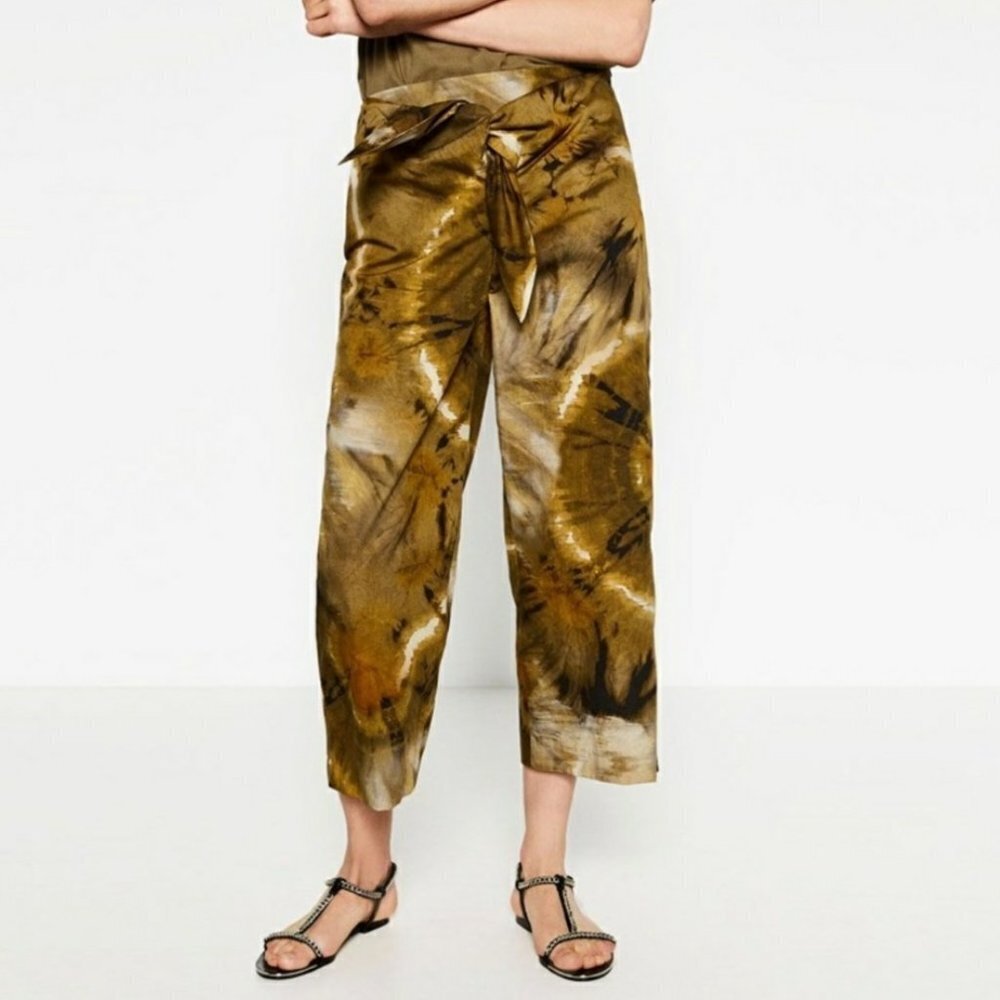 Zara Tie Dye Wide Leg Cotton Pants Knotted Front‎ XS Olive Brown